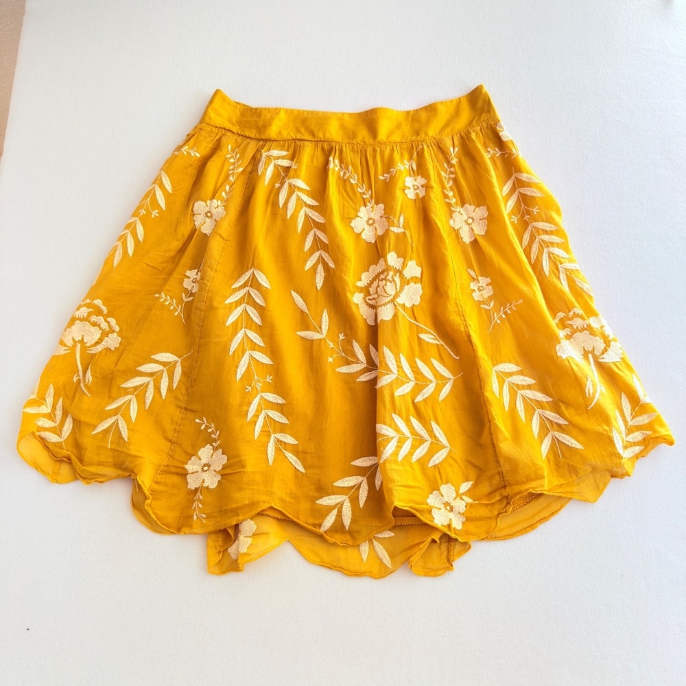 Maeve by Anthropologie Skirt 2X Yellow Floral Embroidered Cottagecore Boho